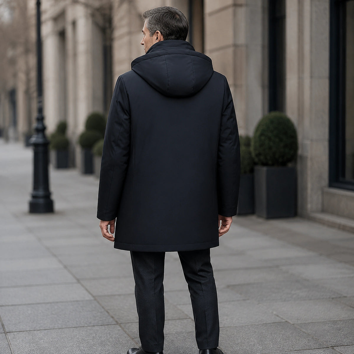parka coat — Mason black mid length hooded business parka three quarter back view — view 4