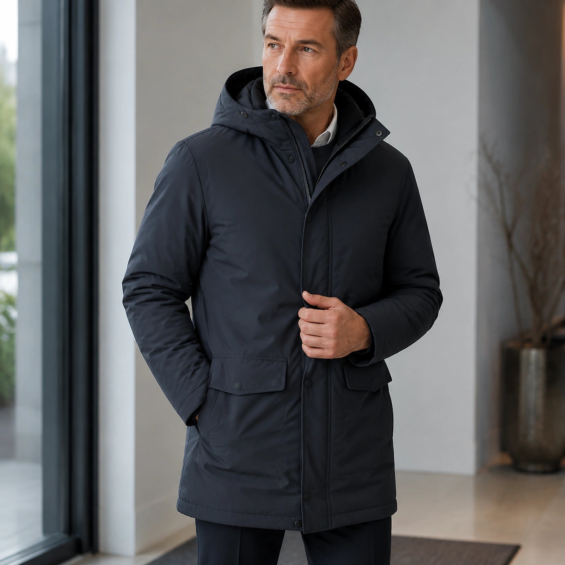 parka coat — Mason grey parka hood placket pockets and shell detail — view 5