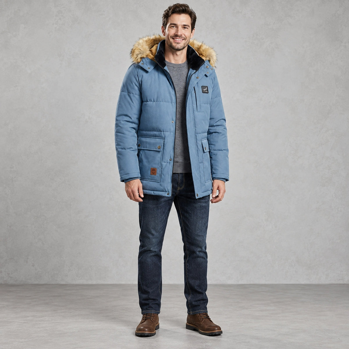 Men's Detachable Hood Lined Parka Coat — Thorben Light Blue front — view 2