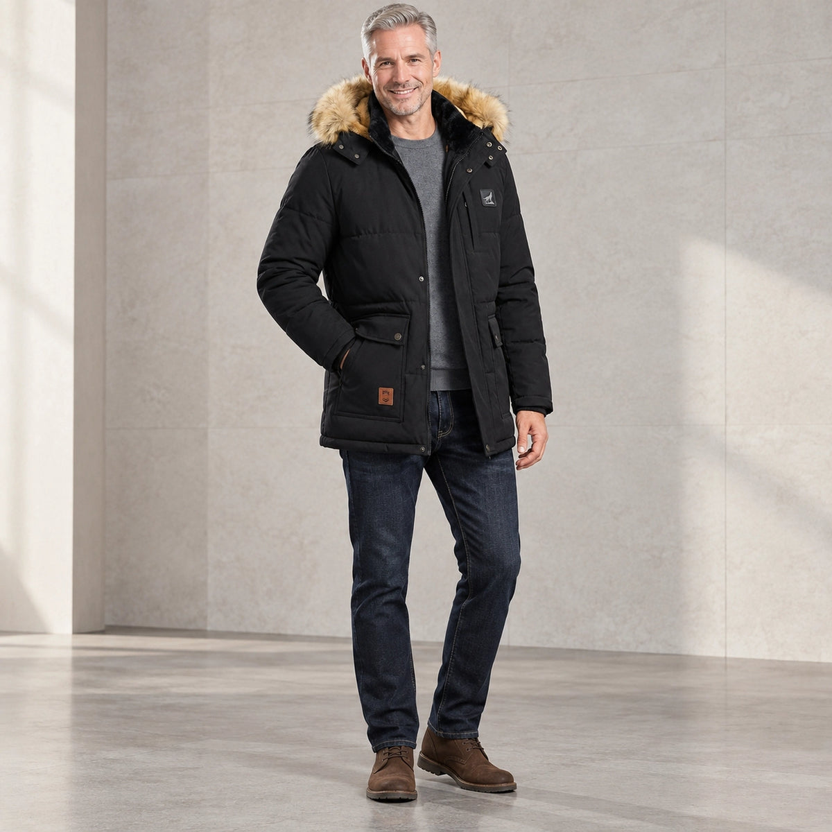 Men's Detachable Hood Lined Parka Coat — Thorben Black three quarter view — view 3