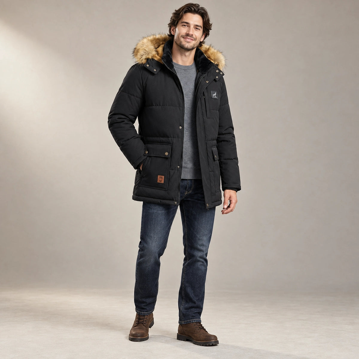 Men's Detachable Hood Lined Parka Coat — Thorben Black alternate angle — view 4