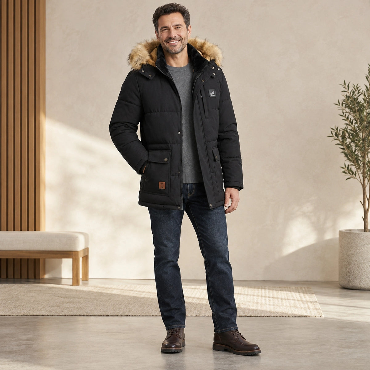 Men's Detachable Hood Lined Parka Coat — Thorben Black front relaxed pose — view 5