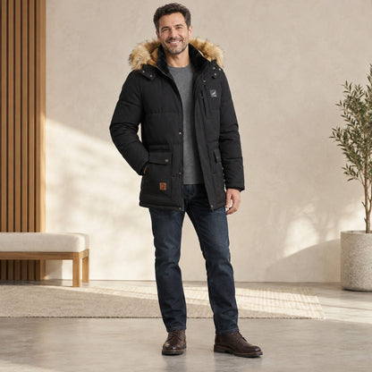 Men's Detachable Hood Lined Parka Coat — Thorben Black front relaxed pose — view 5