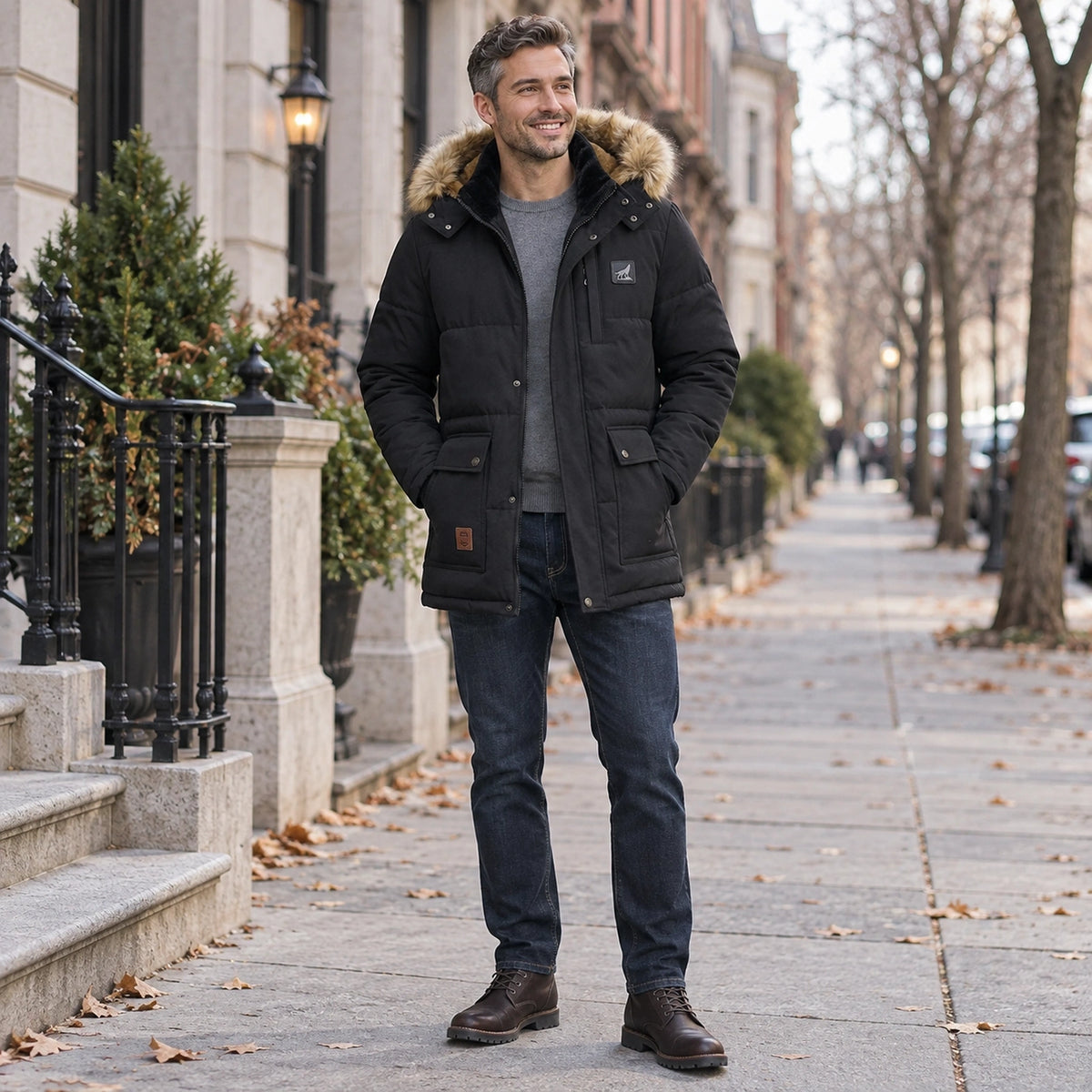 Men's Detachable Hood Lined Parka Coat — Thorben Black 1 — view 6