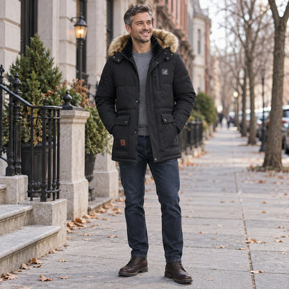 Men's Detachable Hood Lined Parka Coat — Thorben Black 1 — view 6