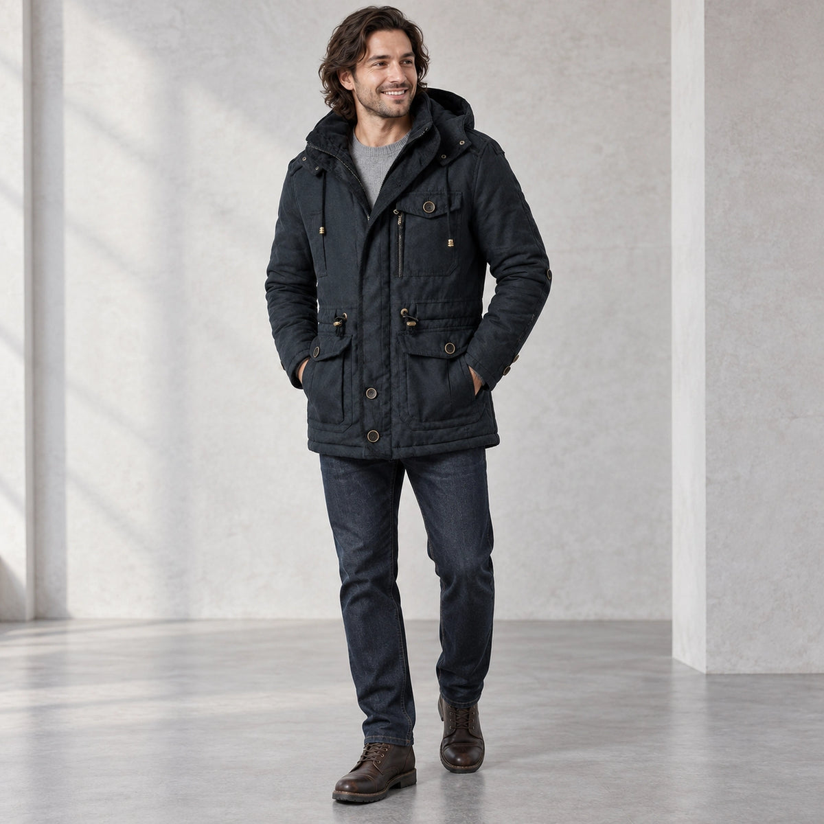 parka coat — Carlos Black three quarter view — view 4