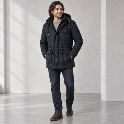parka coat — Carlos Black three quarter view — view 4