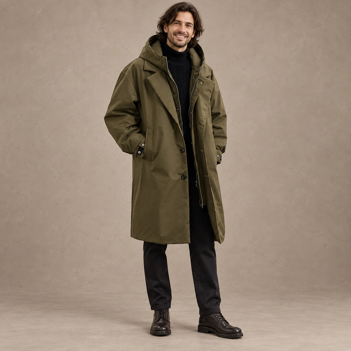 Men's Long Insulated Trench Style Parka Coat — Armando Olive Green