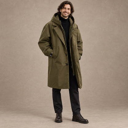 Men's Long Insulated Trench Style Parka Coat — Armando Olive Green