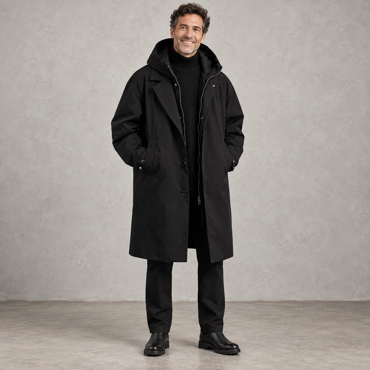 Men's Long Insulated Trench Style Parka Coat — Armando Black front — view 2
