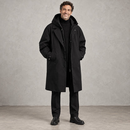 Men's Long Insulated Trench Style Parka Coat — Armando Black front — view 2