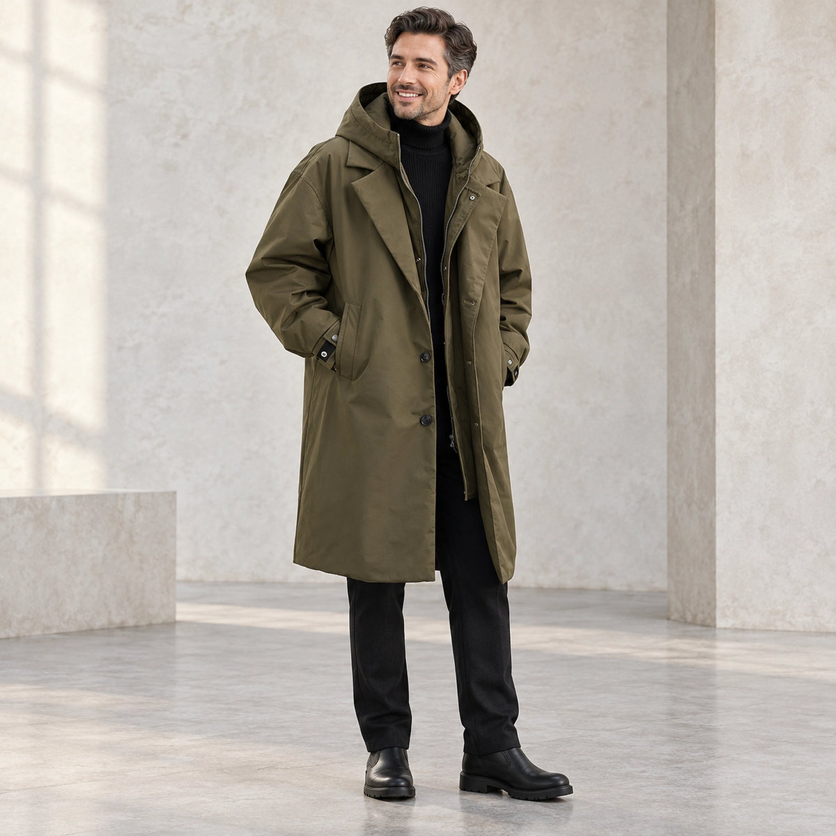 Men's Long Insulated Trench Style Parka Coat — Armando Olive Green three quarter view — view 3