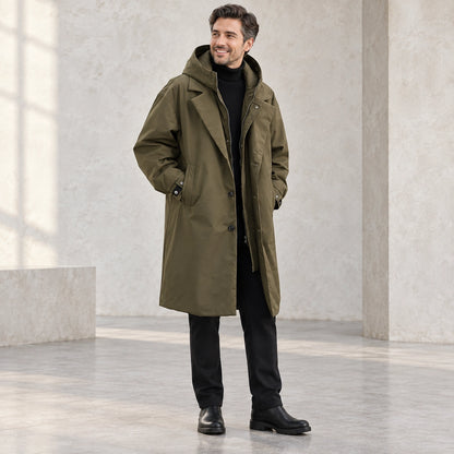 Men's Long Insulated Trench Style Parka Coat — Armando Olive Green three quarter view — view 3