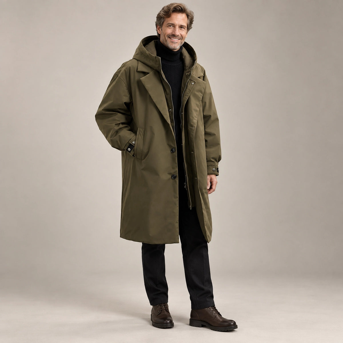 Men's Long Insulated Trench Style Parka Coat — Armando Olive Green alternate angle — view 4