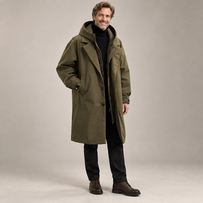 Men's Long Insulated Trench Style Parka Coat — Armando Olive Green alternate angle — view 4
