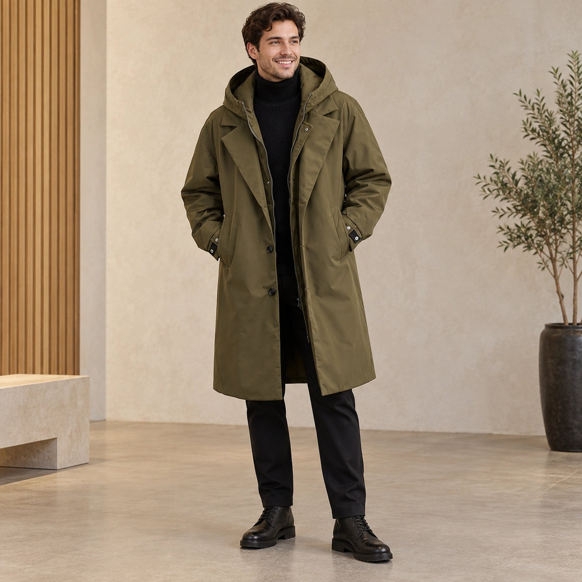 Men's Long Insulated Trench Style Parka Coat — Armando Olive Green front relaxed pose — view 5