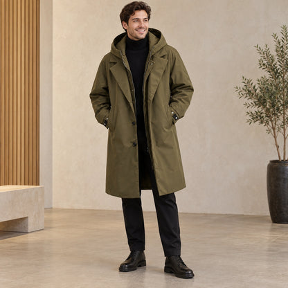 Men's Long Insulated Trench Style Parka Coat — Armando Olive Green front relaxed pose — view 5