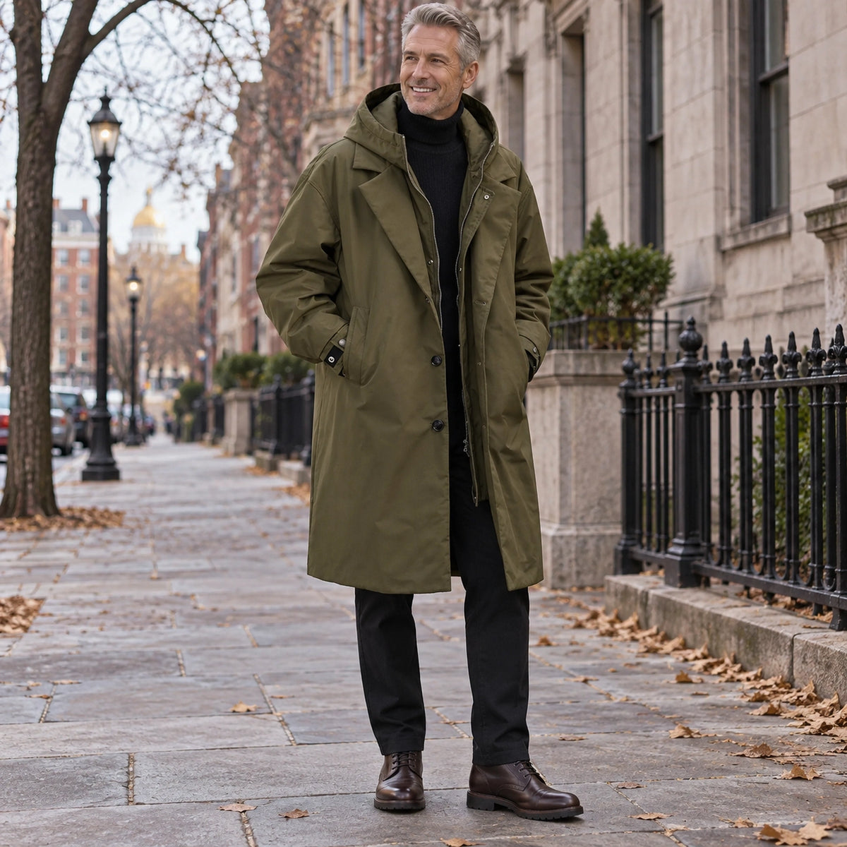 Men's Long Insulated Trench Style Parka Coat — Armando Olive Green 1 — view 6