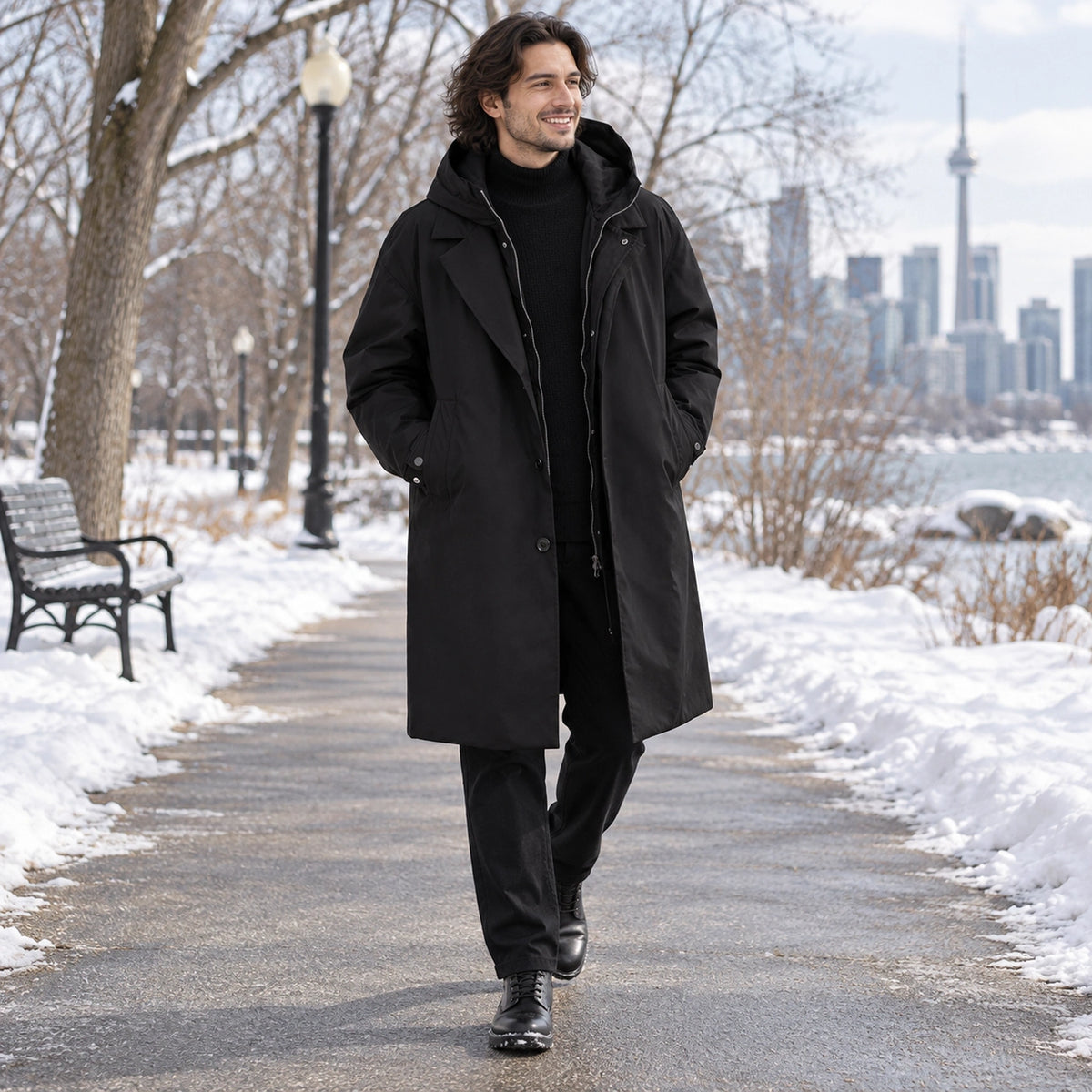 Men's Long Insulated Trench Style Parka Coat — Armando Black 2 — view 7