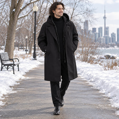 Men's Long Insulated Trench Style Parka Coat — Armando Black 2 — view 7