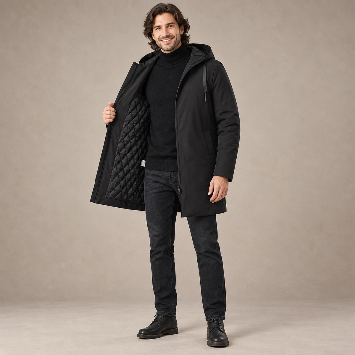 Men's Quilted Water Repellent Parka Coat — Denny Black