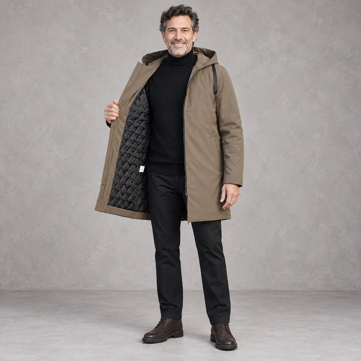 Men's Quilted Water Repellent Parka Coat — Denny Taupe Brown front — view 2