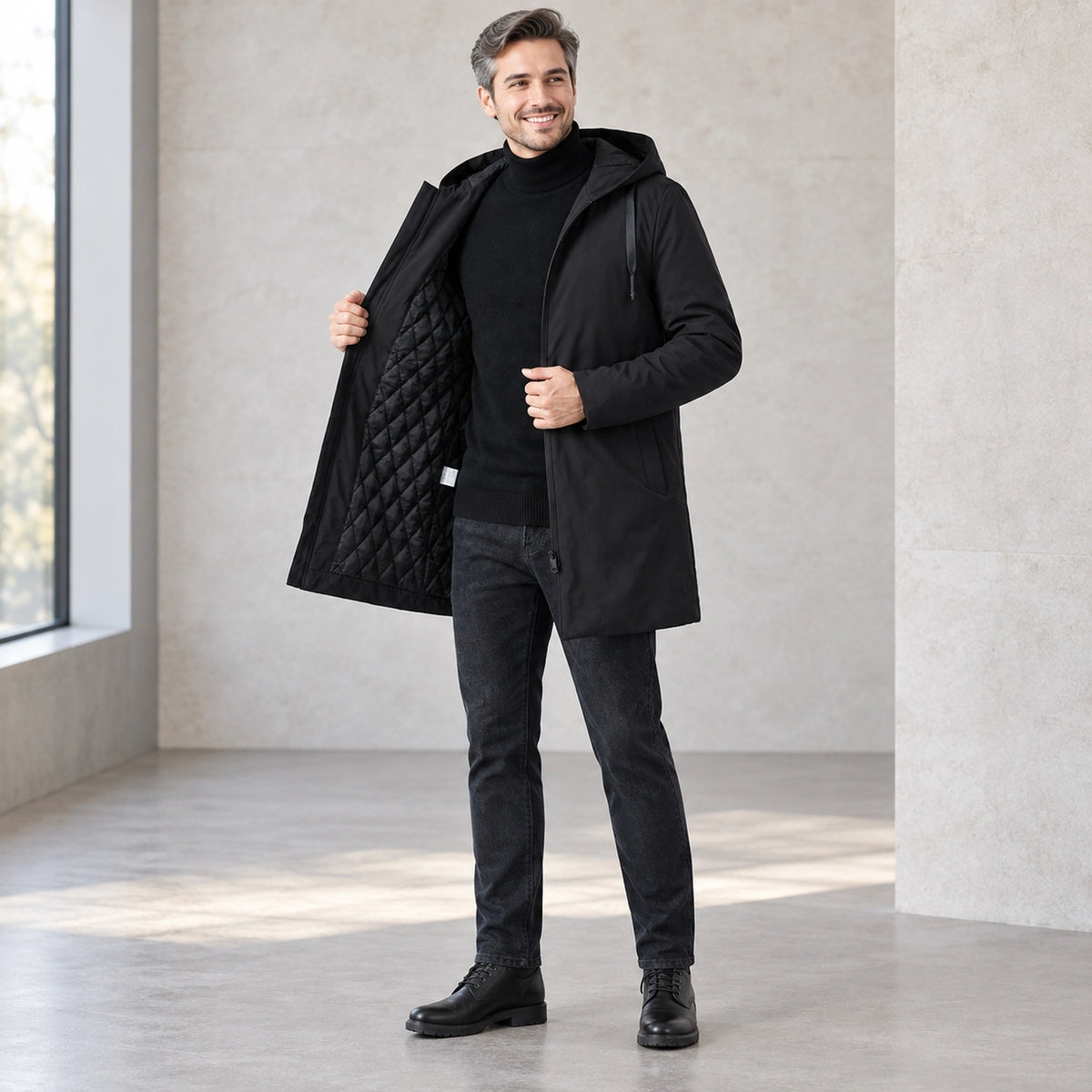 Men's Quilted Water Repellent Parka Coat — Denny Black three quarter view — view 3