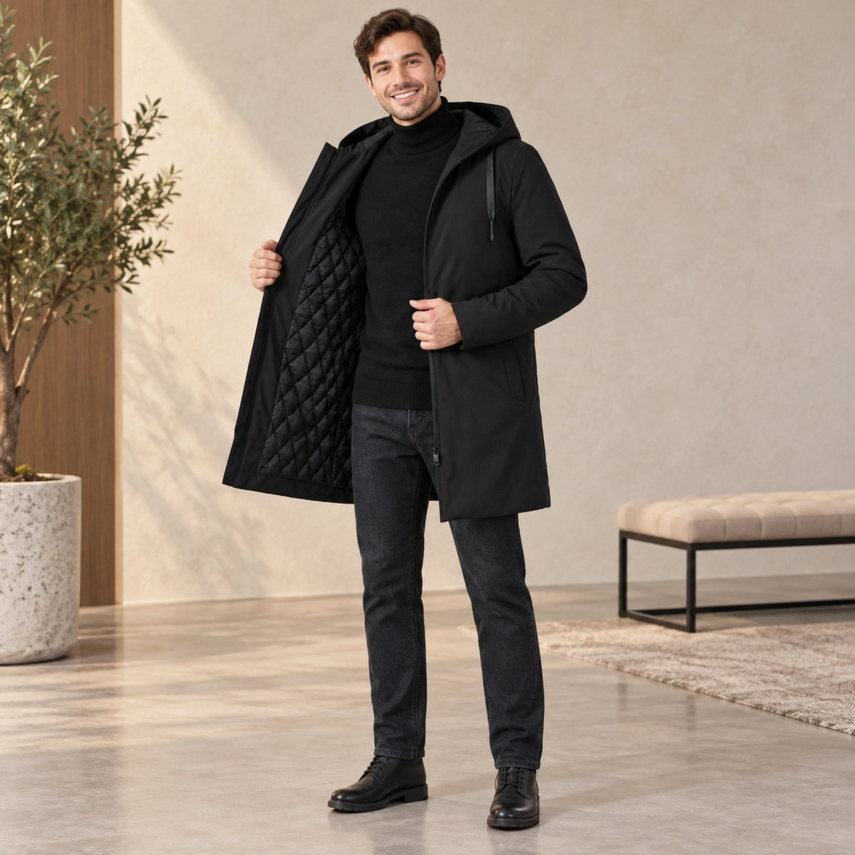 Men's Quilted Water Repellent Parka Coat — Denny Black front relaxed pose — view 5