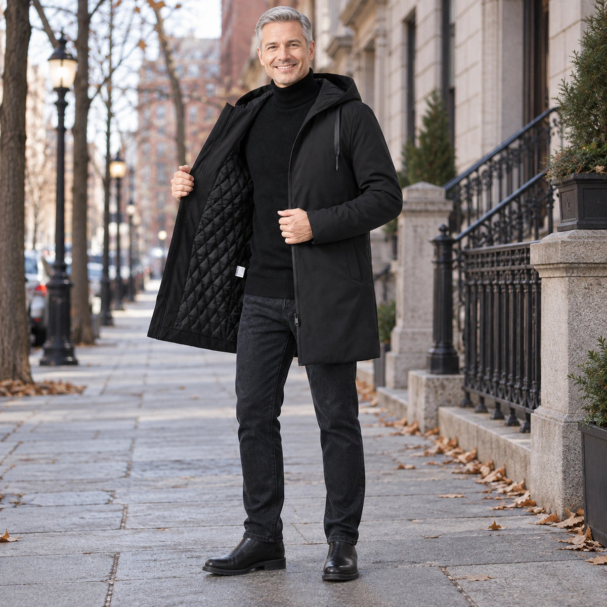 Men's Quilted Water Repellent Parka Coat — Denny Black 1 — view 6