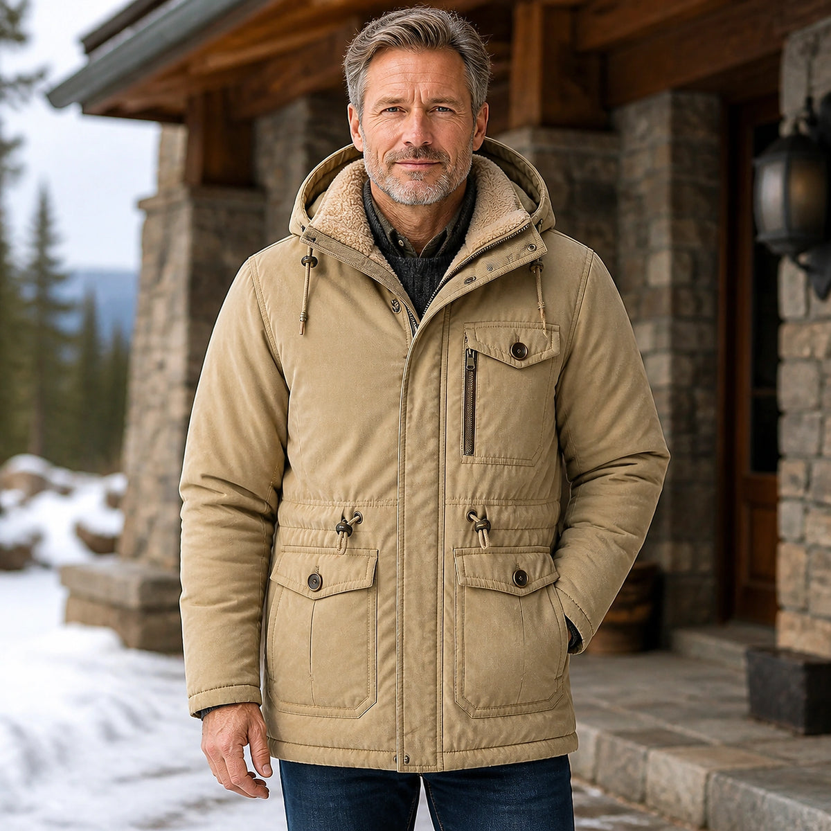 parka coat — Noah khaki fleece lined utility parka complete front view