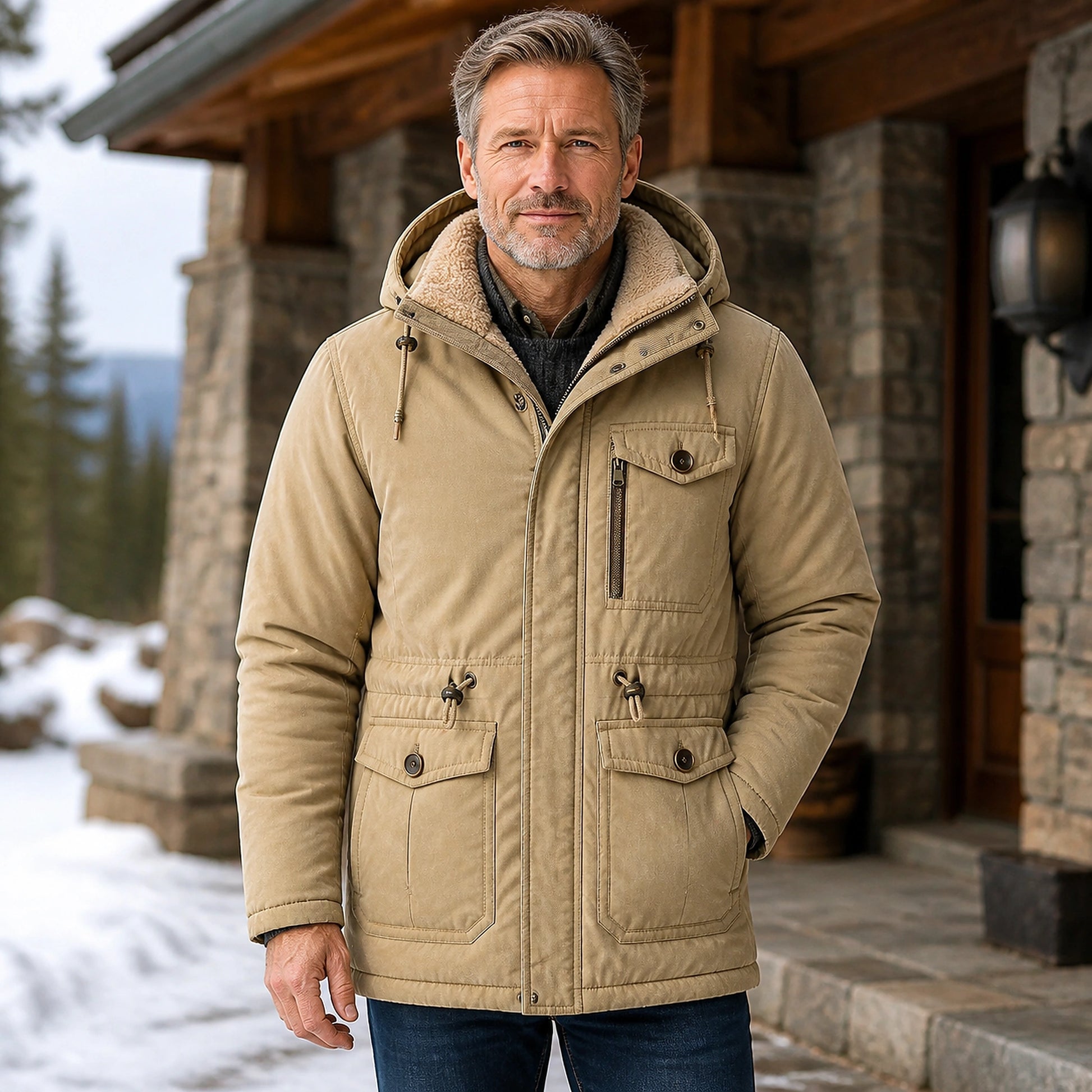 parka coat — Noah khaki fleece lined utility parka complete front view