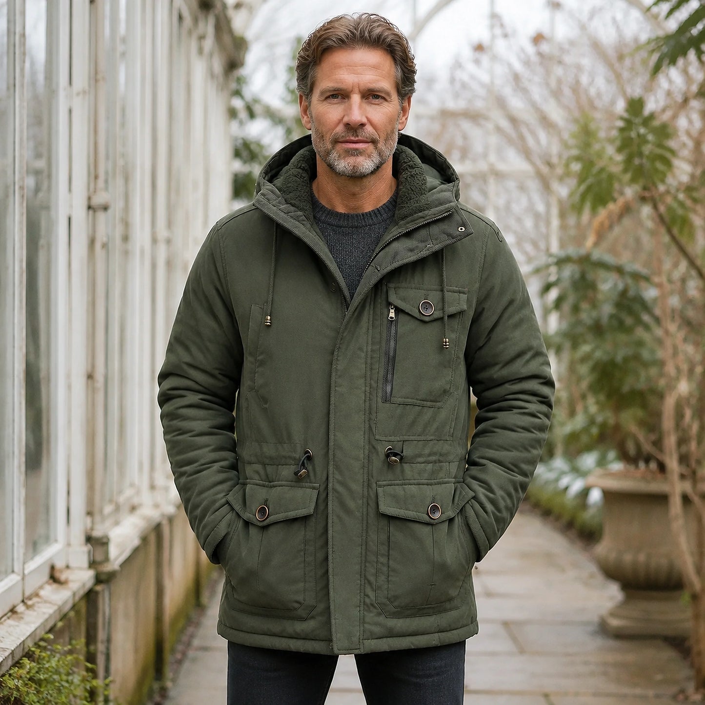 parka coat — Noah green fleece lined utility parka complete front view — view 2