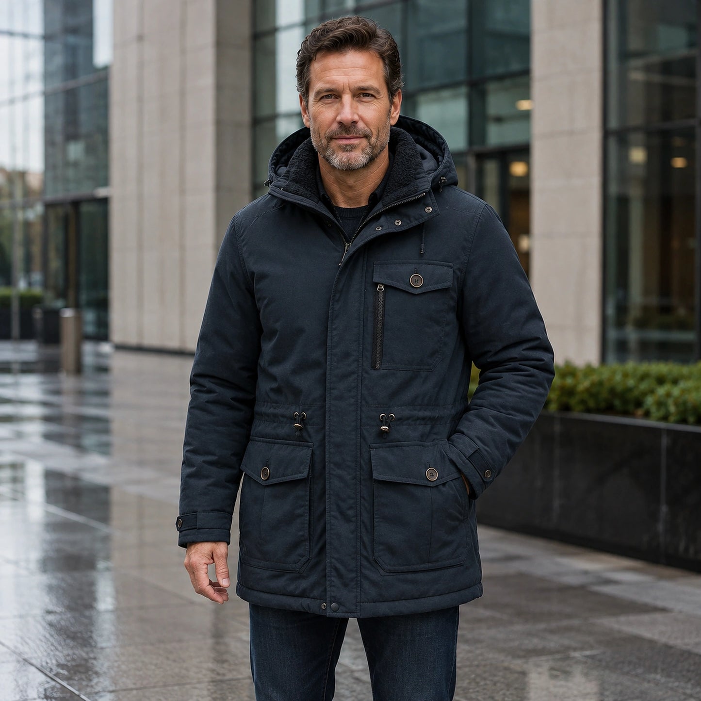 parka coat — Noah blue fleece lined utility parka complete front view — view 3
