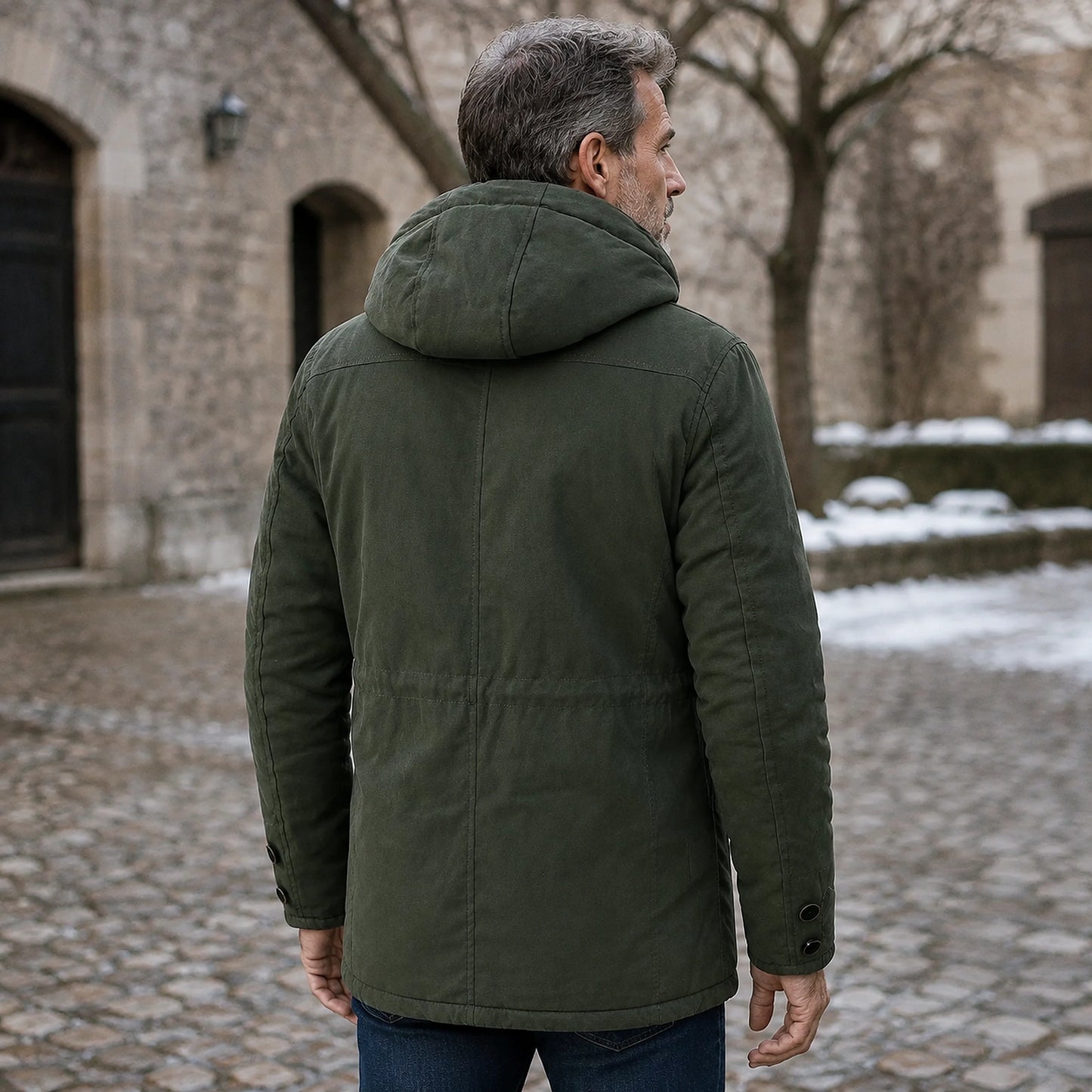 parka coat — Noah green fleece lined utility parka three quarter back view — view 4