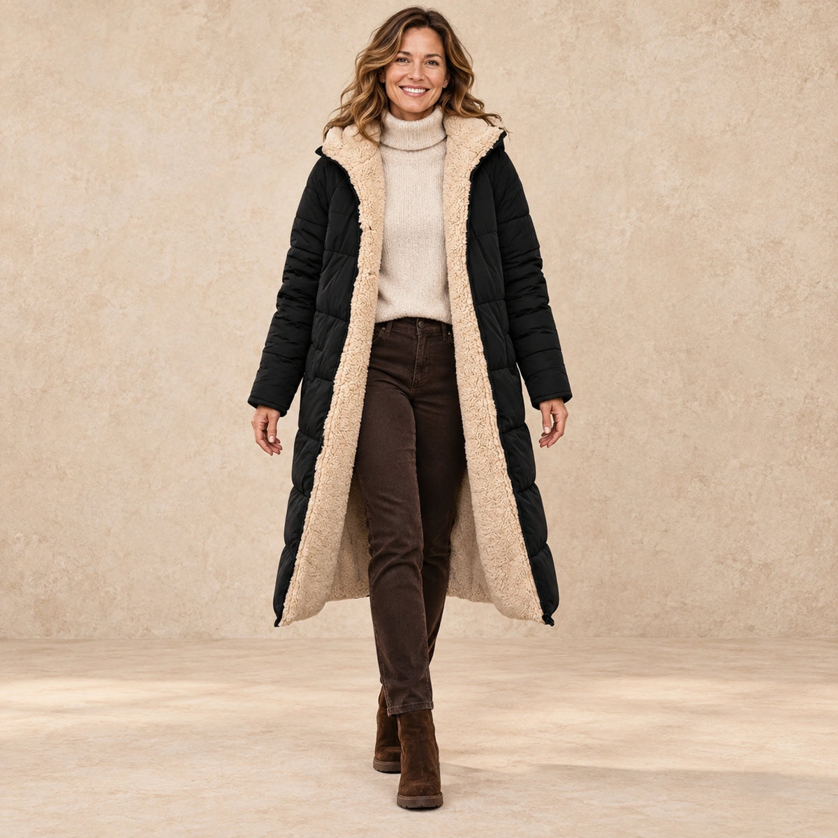 parka coat — Image; complete full front view; Black nova garment worn by a happy adult model