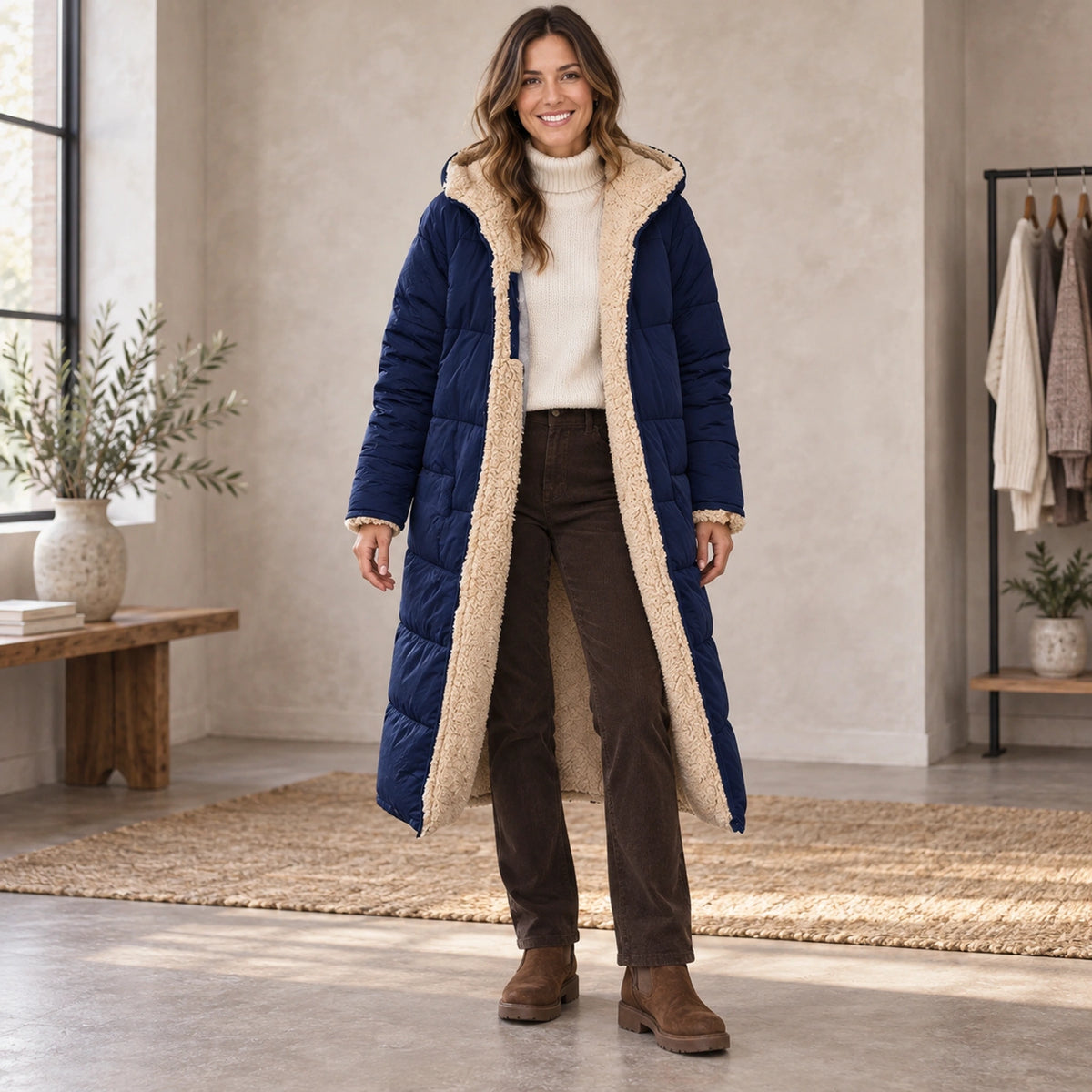 parka coat — Complete full front view; Marine nova garment worn by a happy adult model — view 2