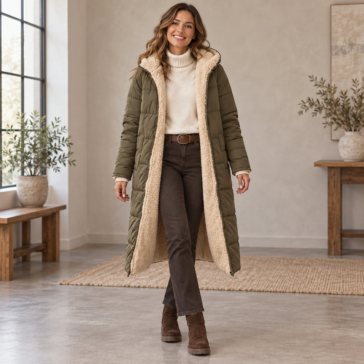 parka coat — Complete full front view; Olive Green nova garment worn by a happy adult model — view 4