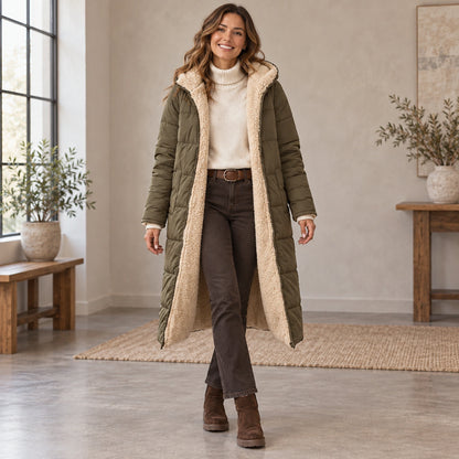 parka coat — Complete full front view; Olive Green nova garment worn by a happy adult model — view 4