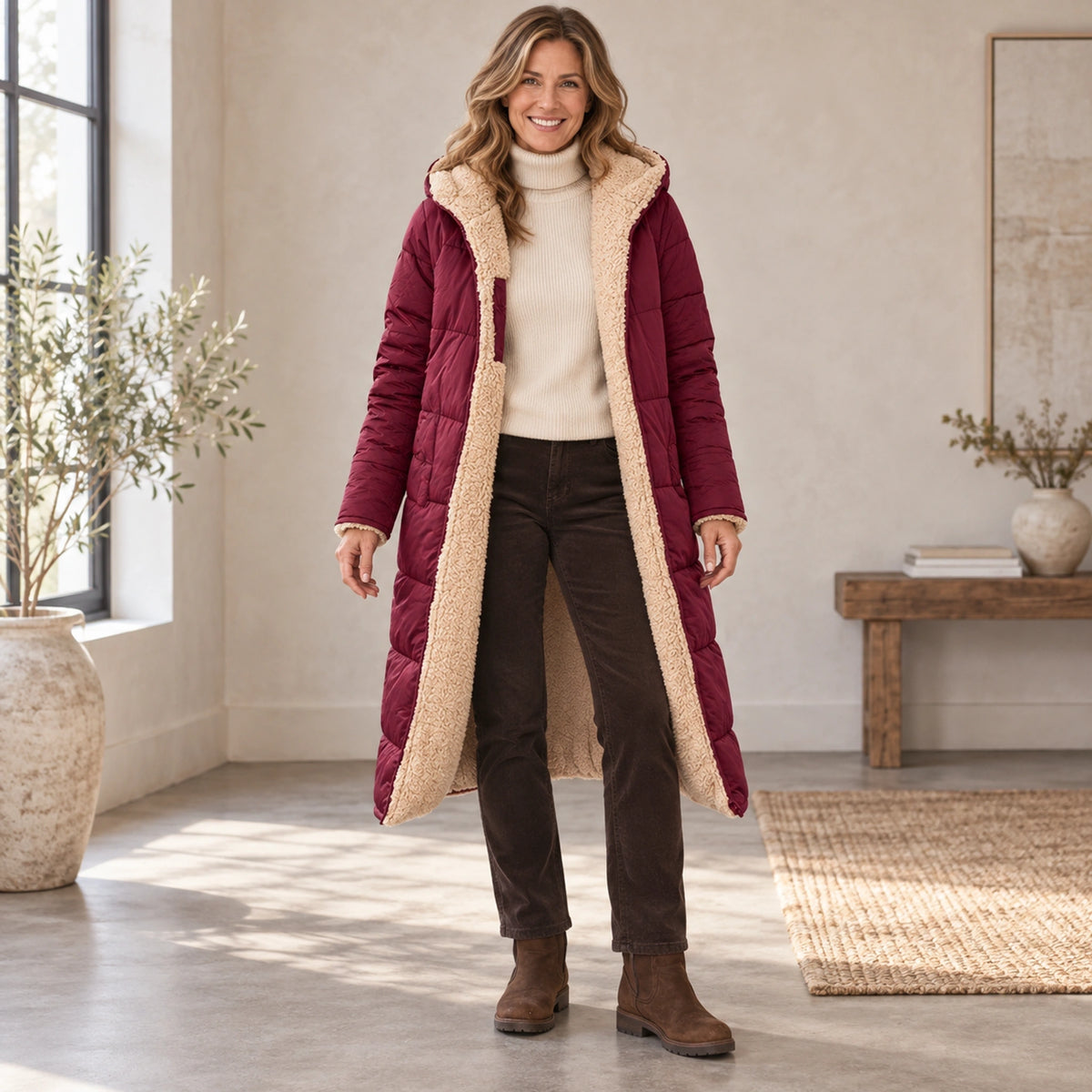 parka coat — Complete full front view; Bordeaux Red nova garment worn by a happy adult model — view 5