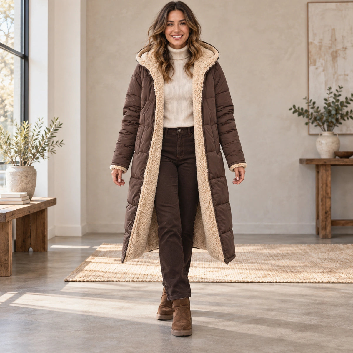 parka coat — Complete full front view; Brown nova garment worn by a happy adult model — view 6