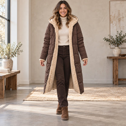 parka coat — Complete full front view; Brown nova garment worn by a happy adult model — view 6