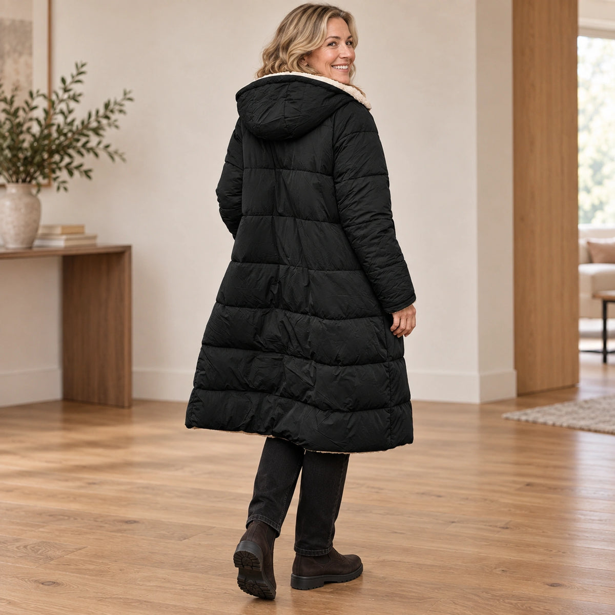 parka coat — Usa and Canada October–December rear angle; Black nova garment worn by a happy adult model — view 7