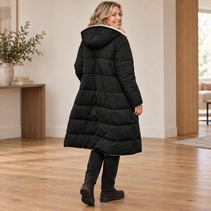 parka coat — Usa and Canada October–December rear angle; Black nova garment worn by a happy adult model — view 7