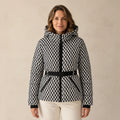 parka coat — Ruby black and white geometric belted padded parka front view