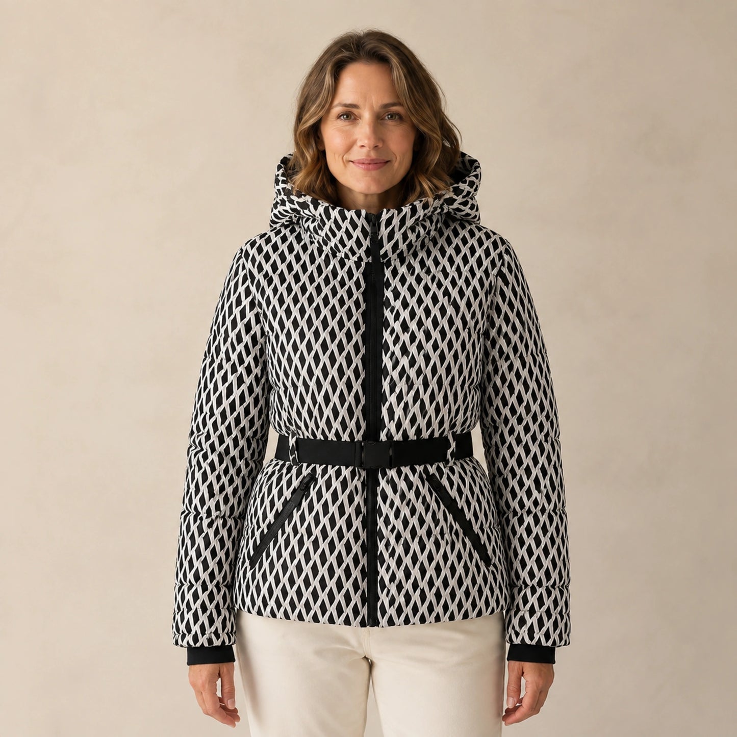 parka coat — Ruby black and white geometric belted padded parka front view