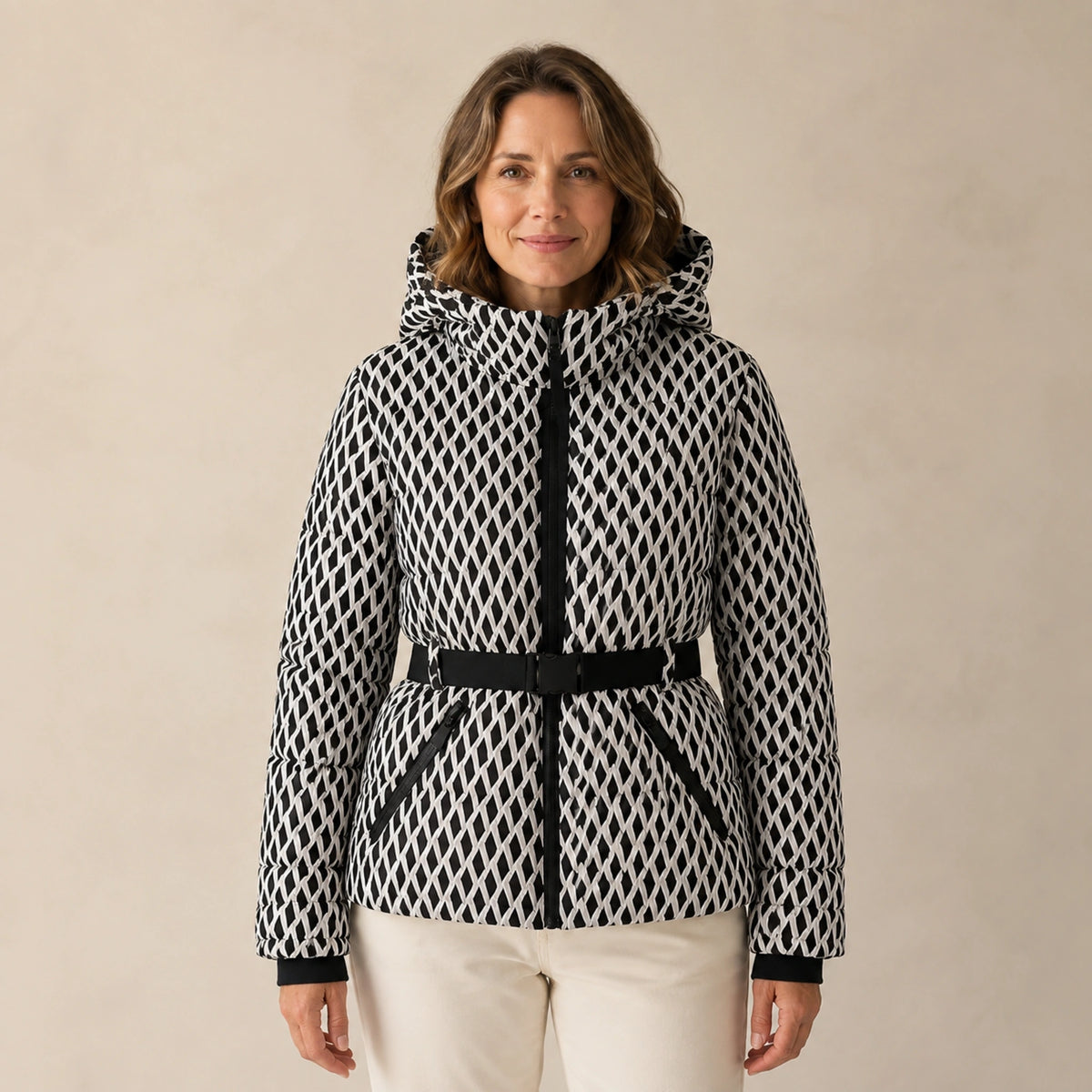 parka coat — Ruby black and white geometric belted padded parka front view