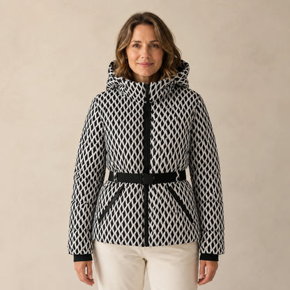 parka coat — Ruby black and white geometric belted padded parka front view