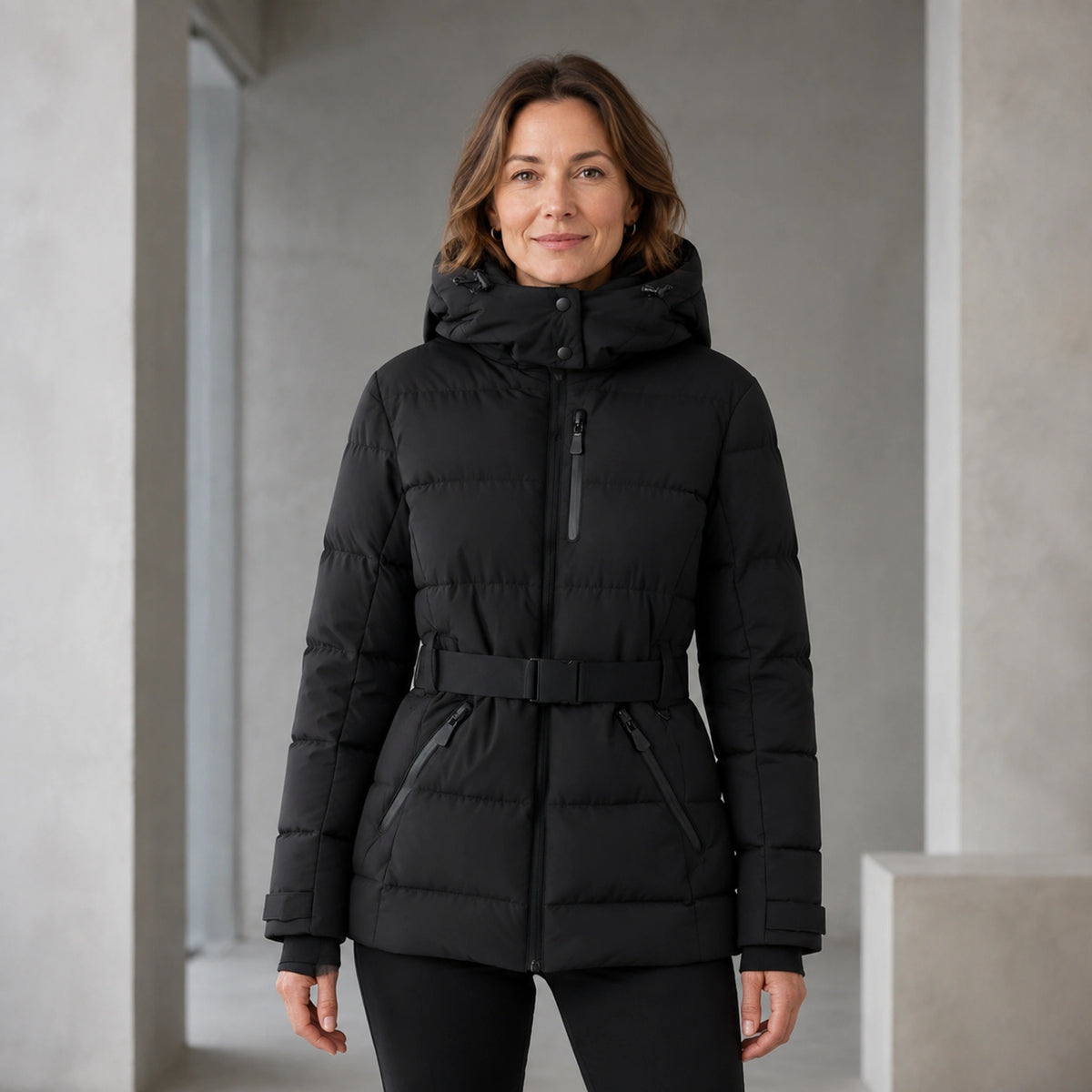 parka coat — Ruby black belted padded parka front view — view 2