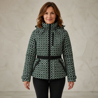 parka coat — Ruby green geometric belted padded parka front view — view 3