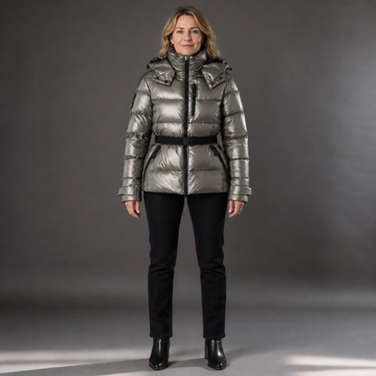 parka coat — Ruby silver belted padded parka front view — view 4